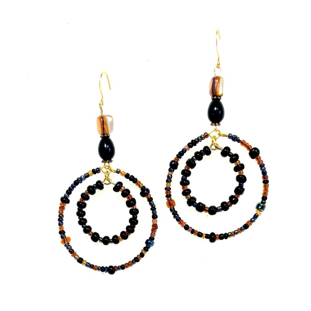 Hippie style Double Hoop Black Gold Glass beaded Shell accent Earrings 2.5 in